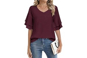 WNEEDU Womens Tops Ruffle Short Sleeve Shirts V Neck Casual Ladies Blouse Cute Basic Bell Sleeve Tees 2026 Trendy