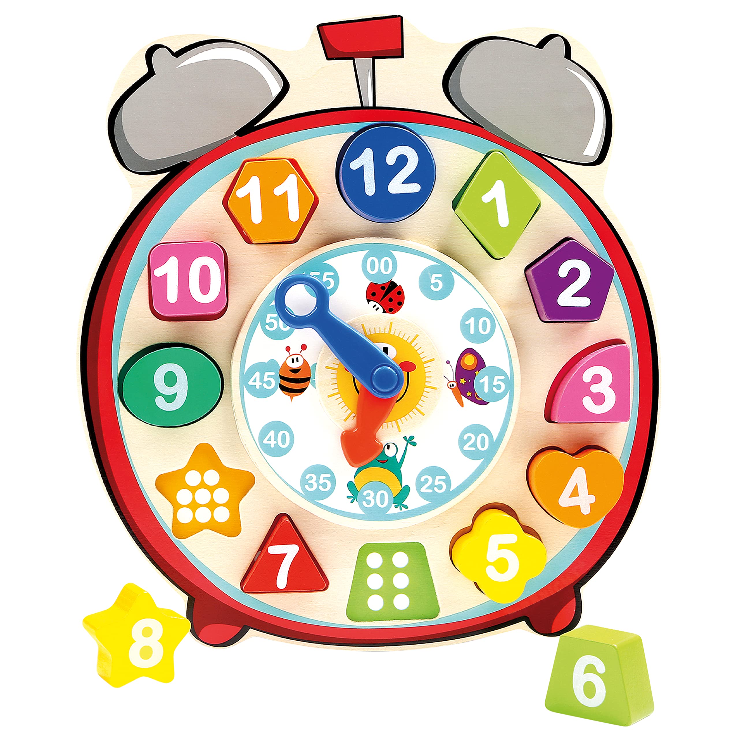 Bino 84053 Shape Sorter Clock Toy. Wooden Puzzle Clock For Children, Educational Toy For Learning Time, Shapes, Numbers and Colours. Size 22,5x3x24,5 cm