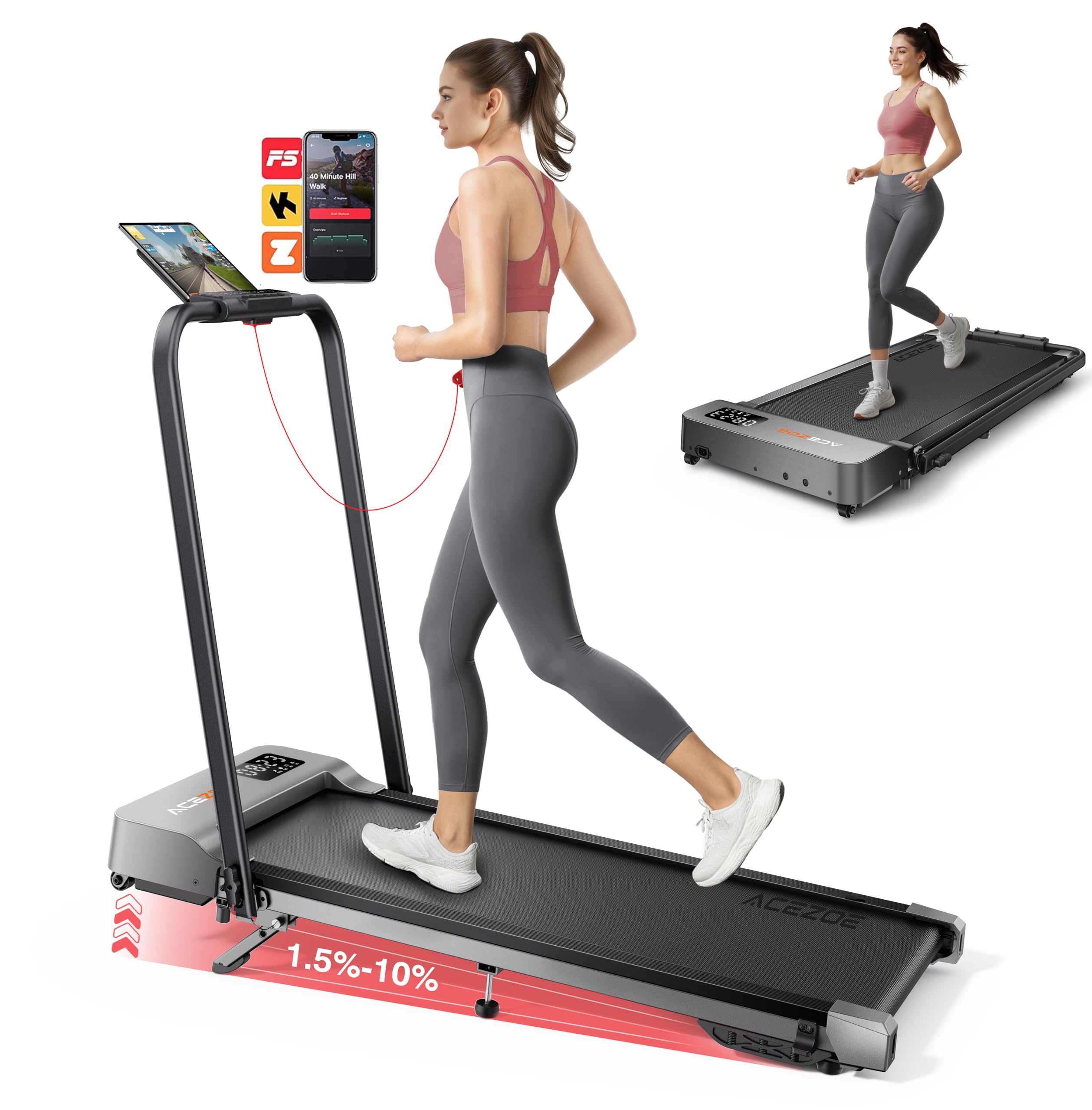 Photo 1 of Acezoe 2-in-1 Foldable Treadmill with 3-Level 10% Incline, Walking Pad for Home Small Office, Compact Portable Under Desk Treadmill with Handle,Dual LED Display, APP & Remote, 300 lbs Capacity