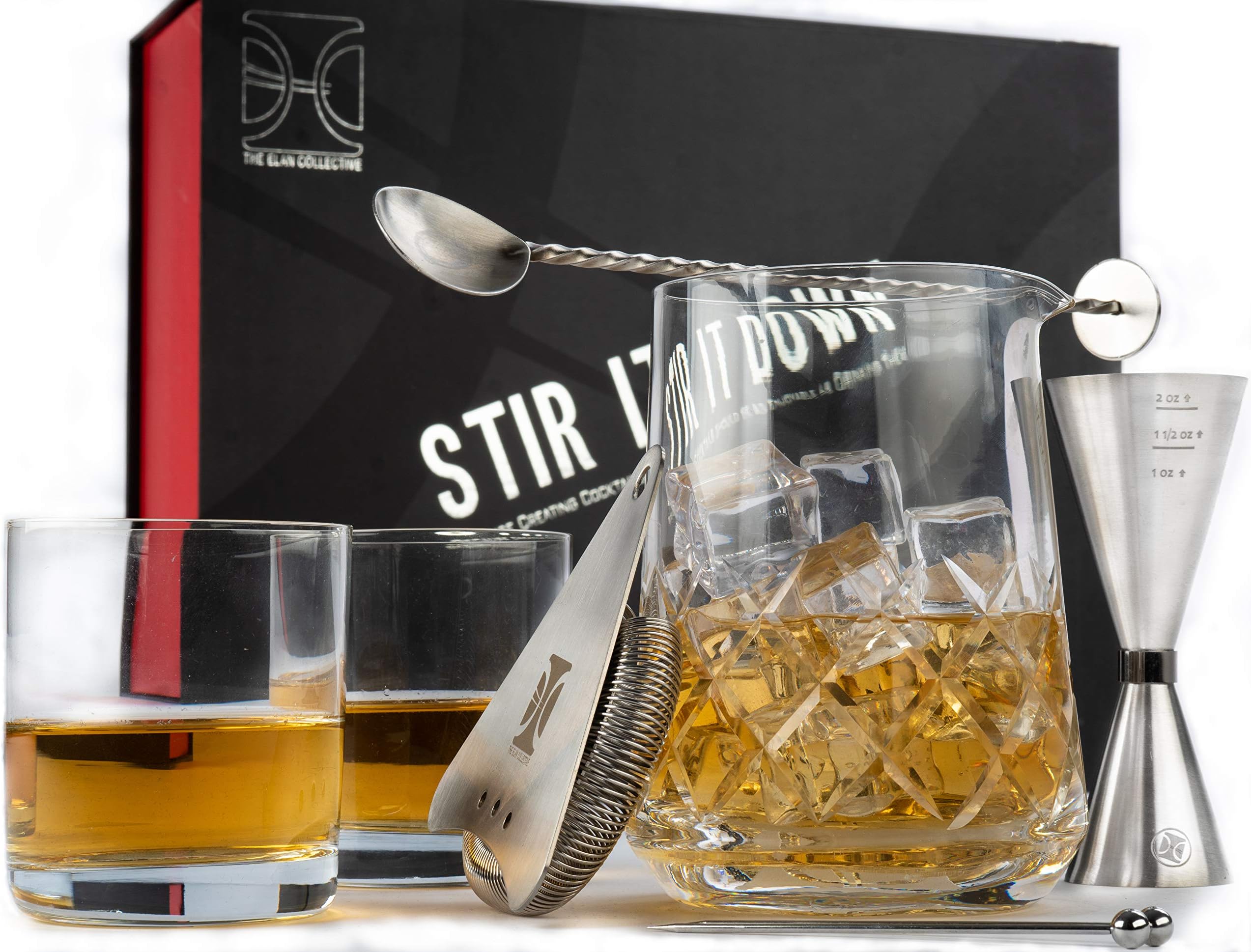 The Elan Collective Stir it Down Old Fashioned Cocktail Set | 8 Piece Barware Kit = Includes 750ml/25oz. Yarai Style Mixing Glass, 2-10 oz. Rocks Glasses, Hawthorne Strainer, Bar Spoon and 2 Picks