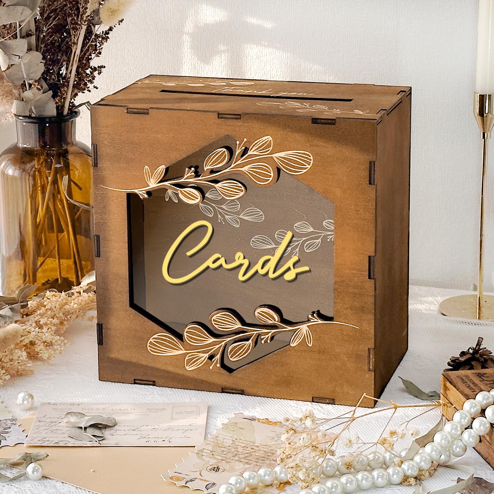 Photo 1 of OurWarm Brown Wedding Card Box with Acrylic Window, Wooden Gift Card Box for Wedding Reception Decorations, Money Newly Named Box Decorations for Reception Party Birthday Rustic Wedding Decor