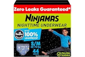 Ninjamas Boys Bedwetting Underwear, Overnight Protection, Ultra Absorbent, Hypoallergenic, Size S/M (17-32 kg), 44 Count,