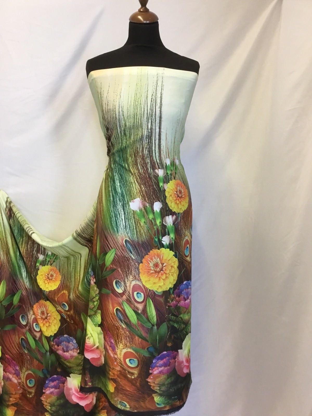 New Italian Soft Silky Crepe De Chine Floral Peacock Print Fabric 45" 116cm Dress