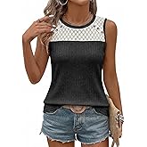 BLENCOT Women's Ribbed Knit Tank Top Lace Splicing Sleeveless Summer Casual Vest Shirt with Button Detail