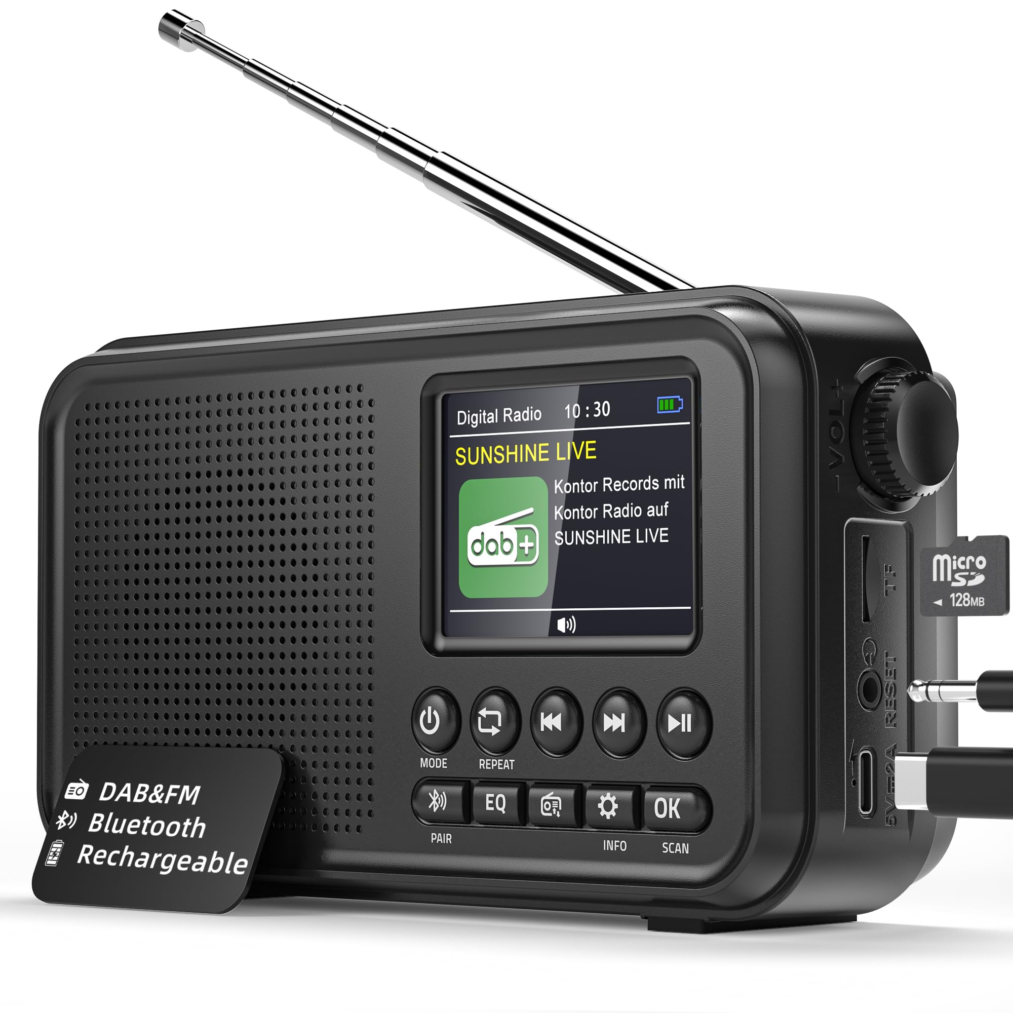Tragbares DAB+ Radio mit Bluetooth, UKW/DAB Digitalradio mit 2,4" Farbdisplay, 80 Senderspeicher, 3000mah Akku oder Netzbetrieb, Support TF-Karte/Wecker/Sleeptimer/Klinken, Für Küche, Camping, Garten