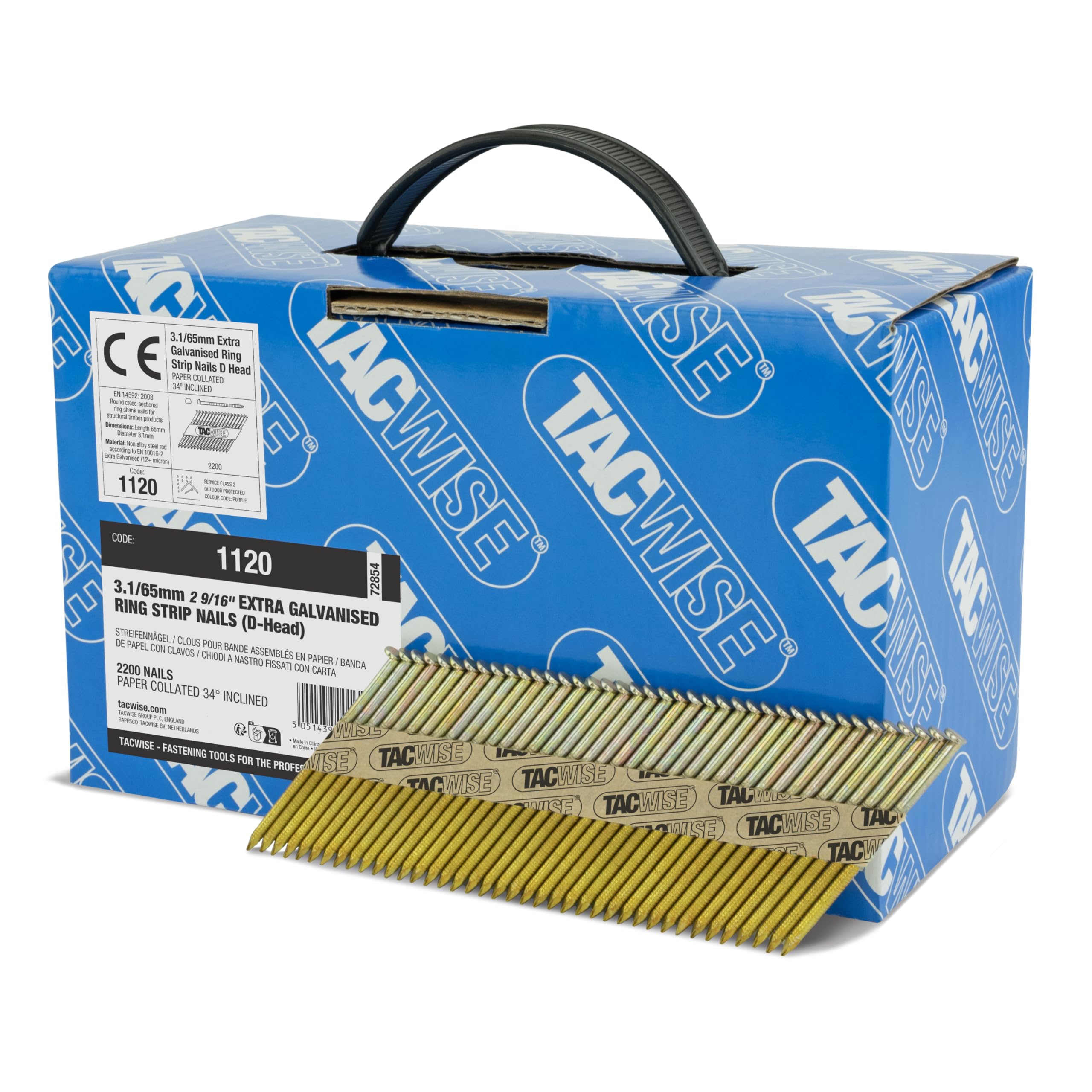 Tacwise 1120 3.1 / 65 mm Extra Galvanised Framing Nails, D Head, Ring Shank, 34° Inclined, Paper Collated, Pack of 2,200