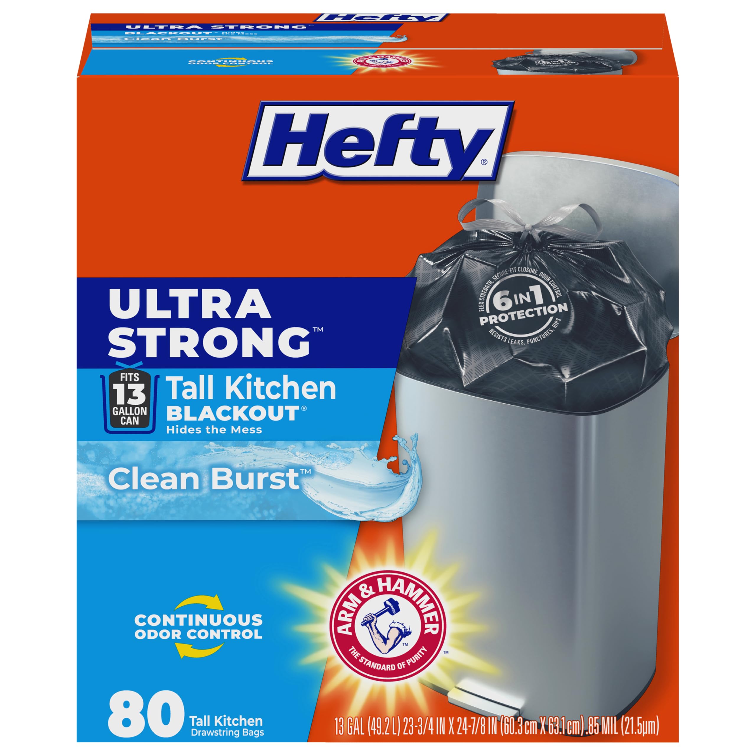 Hefty Ultra Strong Blackout Trash Bags (Clean Burst, Tall Kitchen Drawstring, 13 Gallon, 80 Count) - Fits All Simplehuman Size J Cans