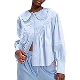 Ymejia Womens Peter Pan Collar Shirt Cotton Button Down Blouses Lace Trim Loose Fit Casual Work Beach Long Sleeve Shirts