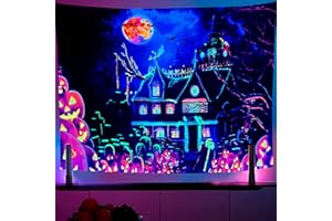 OSVINO Blacklight Halloween Castle Tapestry 59"x51" Pumpkins Bats Crosses Backdrop Bedroom Aesthetic Hippie Room Decor Glow in The Dark Wall Poster for Halloween Easter