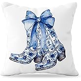 YeiHe Blue and White Chinoiserie Western Pillow Covers 18x18, Coastal Cowgirl Gifts, Coquette Blue Bow Pillow Covers, Coquette Room Decor, Cowgirl Gifts, Grand Millenial Decor