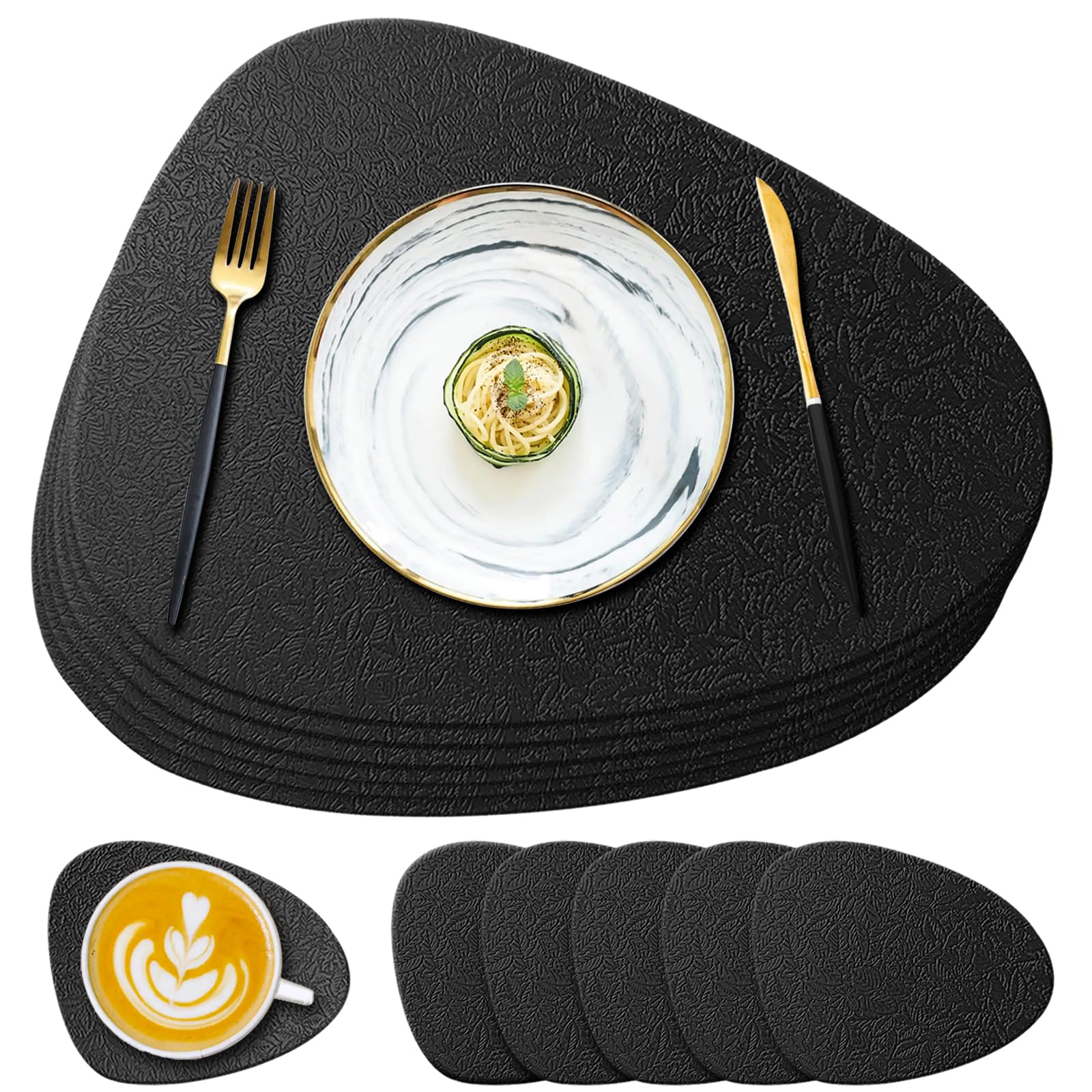 YUNJUER Silicone Placemats and Washable Coasters Set, Heat-Resistant 450 °F, Non-slip Wipeable Waterproof Table Mats for Dining Table, Restaurant, Indoor Kitchen, Outdoor, 12 Pieces, Black