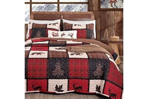 FROZZUR Quilts Queen Size Red Plaid Patchwork Quilt with Christmas Brown Bear Reindeer Rustic Bedspreads Queen Size Lodge Lattice Quilt Coverlet 2 Pillow Cases