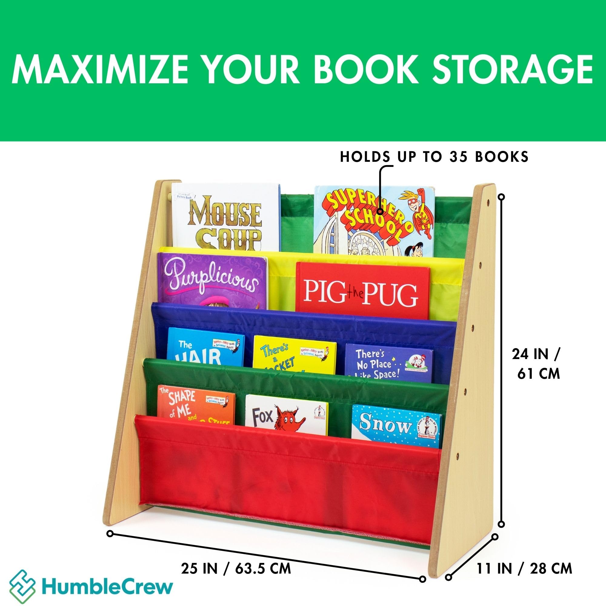 Humble Crew 4-Tier Kids Bookshelf, Natural Wood/Primary - Premium Book Shelf for Kids Rooms with Four Deep Pockets - Toddler Sling Book Rack with Deep Sleeves, Nursery Bookcase Organizer