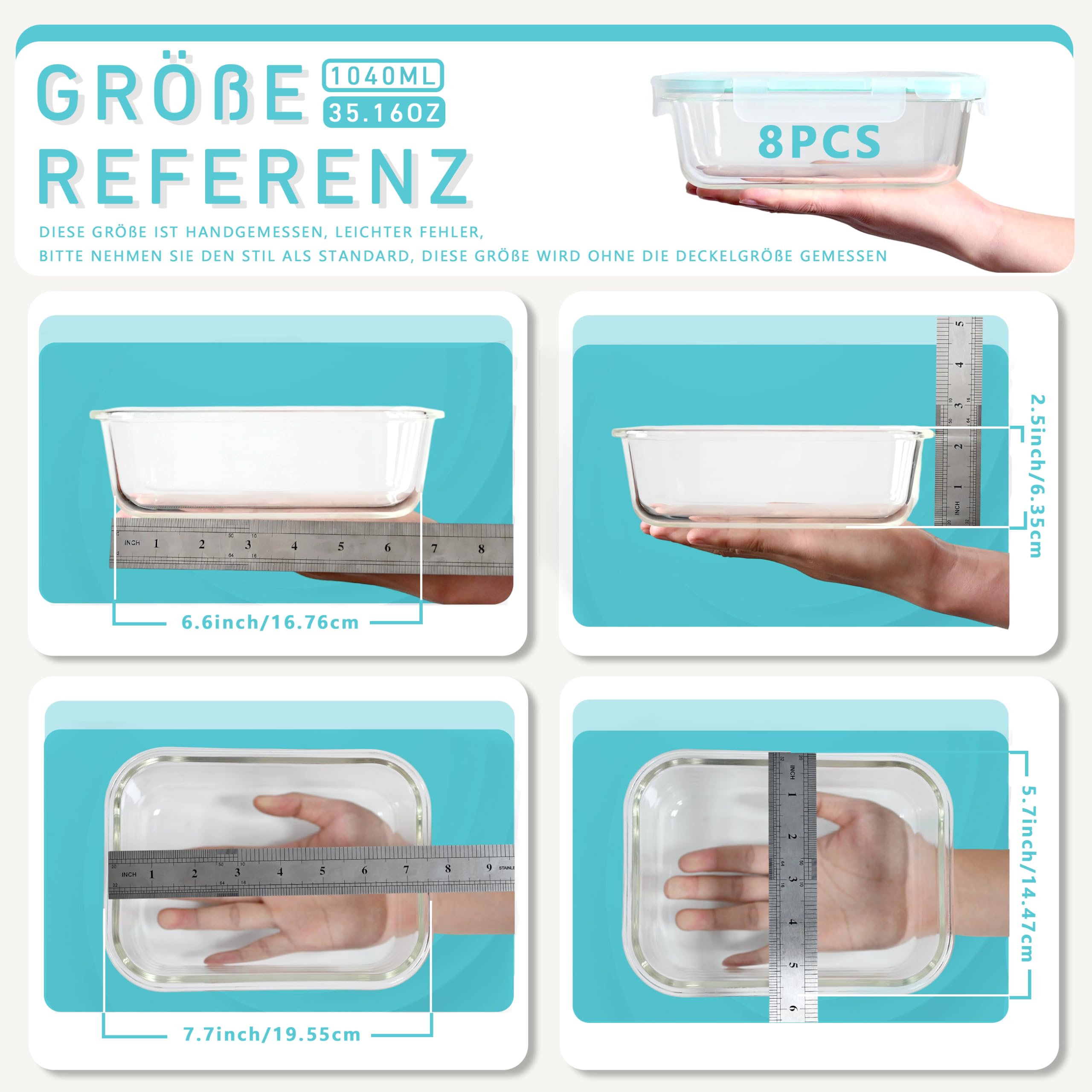 ERUIV Meal Prep Boxen, (8er) Vorratsdosen Glas Mit Deckel, 1040ml Glasschüssel Mit Deckel, Für Die Mealprep Boxen, Gefrierdosen-Set, Auslaufsichere Behälter Mit Deckel, Meal Prep Lunch, BPA-frei 2