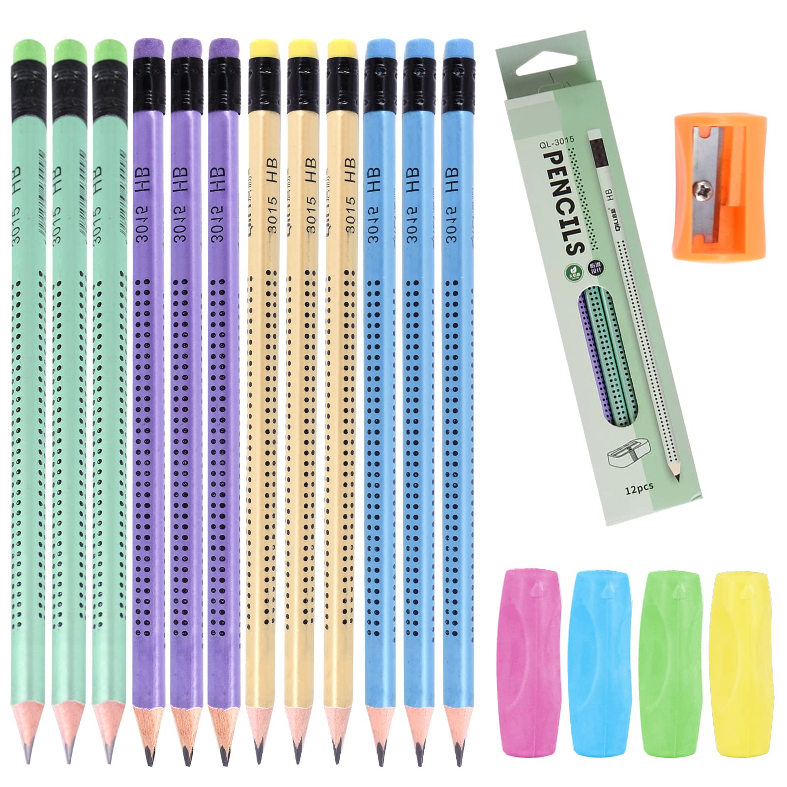 17Pcs HB Pencil Set, 12Pcs Presharpened Wood Triangle Shaped Cute Pencils With Rubber Eraser, 1 Sharpener, 4 Grips for School Children Kids Writing Sketching Drawing Art and Craft