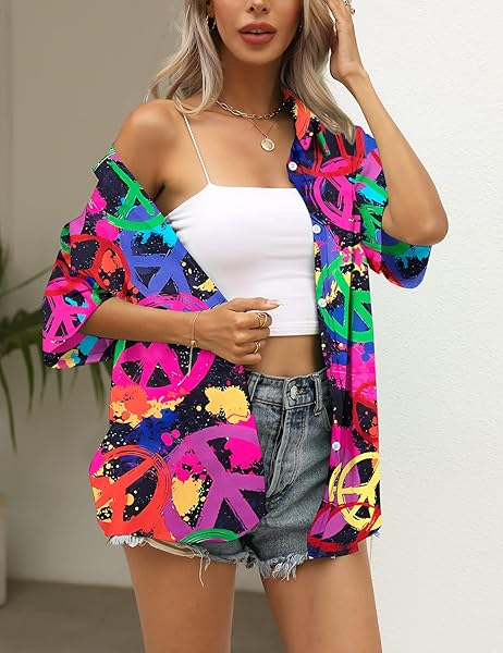 HIPPIE BUTTON DOWN SHIRT WOMEN: 70S HIPPY SHIRTS PEACE SIGN GRAPHIC TEE HIPPIE LOVER GIFTS VINTAGE SHORT SLEEVE TOPS