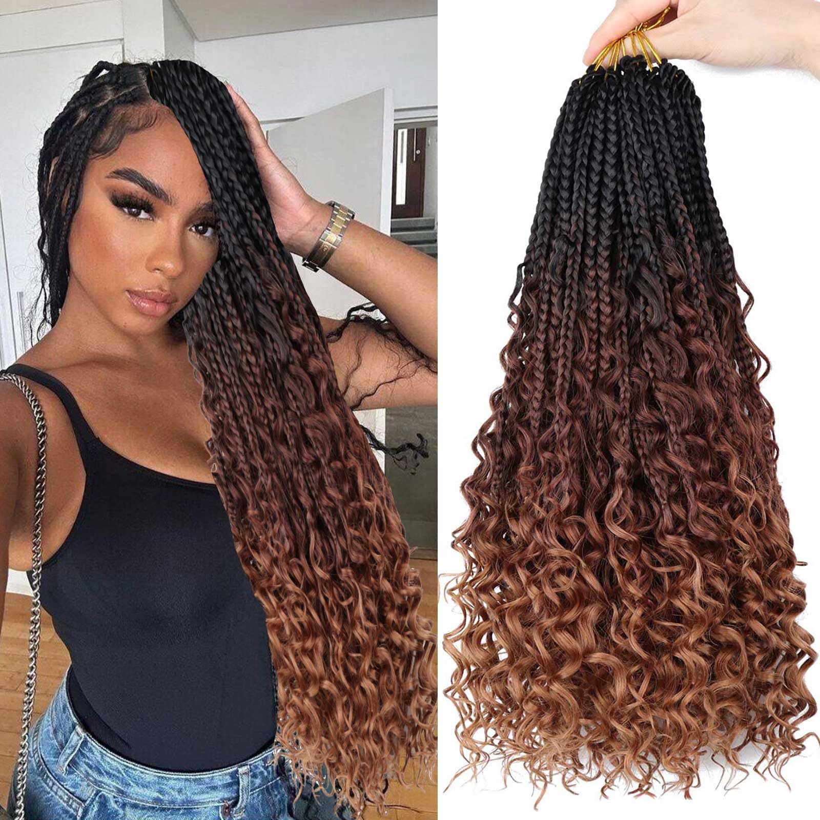 Photo 1 of 18 inch Goddess Box Braids Crochet Hair 8 Packs Bohomian Crochet Box Braids Curly Ends Pre-looped Boho Crochet Braids Hair Synthetic Braiding Hair Extensions for Black Women 1b/33/30