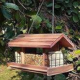 Liawm Wooden Bird Feeder for Outdoors Hanging Mount Large Capacity, Red Cedar Garden Roof Feeder with 2 Suet Cages, Cardinal Bluebird Birdfeeder for Garden Decoration Yard, Weatherproof Durable