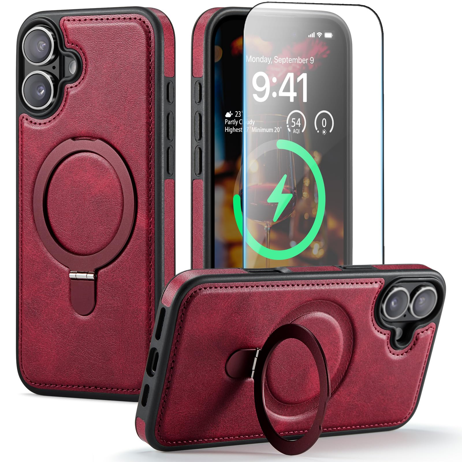 CHEEWADA for iPhone 16 Plus Case with Stand Compatible with Magsafe Slim PU Leather & Rubber TPU Drop Proof Magnetic Kickstand Protective Phone Cover with Tempered Glass Screen Protector 6.7", Red