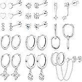 MILACOLATO 13 Pairs Silver Earrings Set for Women - 14K Gold Plated Cartilage Studs Huggie Hoop Earring Stacks for Multiple Piercing Hypoallergenic Surgical Stainless Steel Flat Back Earrings for Sensitive Ears