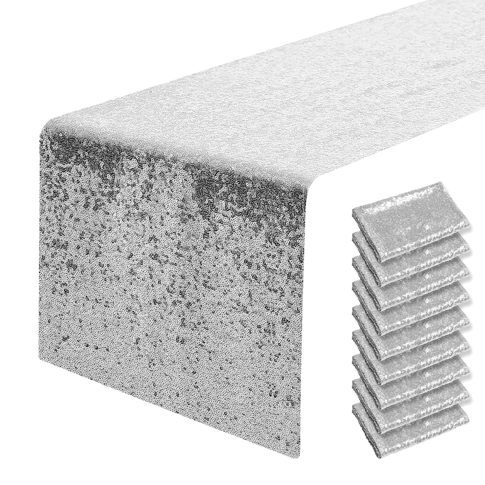 Photo 1 of 10 Packs 12 x 72 inches Silver Sequin Table Runner, Glitter Runner for Birthday Party Supplies Decorations Wedding Bachelorette Holiday Celebration Bridal Shower Baby Shower