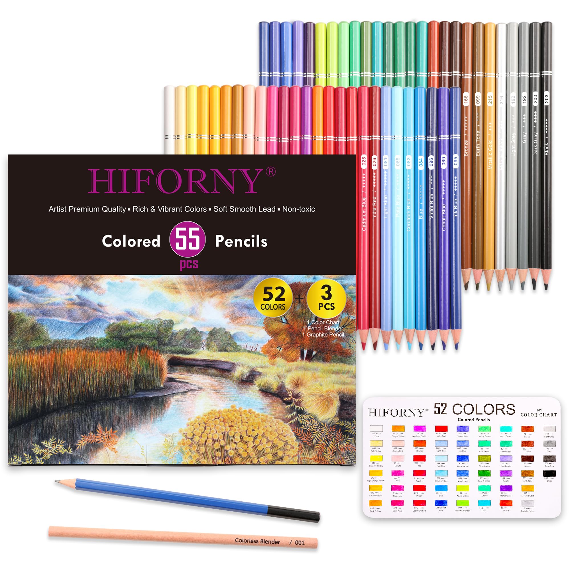 HIFORNY 55 Pack Colored Pencils Set for Adult Coloring,52 Colors Coloring Pencils with Extras,Artists Soft Core,Vibrant Color,Drawing Pencils Art Craft Supplies for Adults Beginners