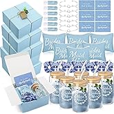 FillTouch 54 Pcs Bridesmaid Proposal Gifts, Maid of Honor Bride Gift Include Wedding Gift Box Makeup Bag Invited Card Glass Cup Lip Balm Scrunchie Bracelet for Bridal Shower Party(Blue)