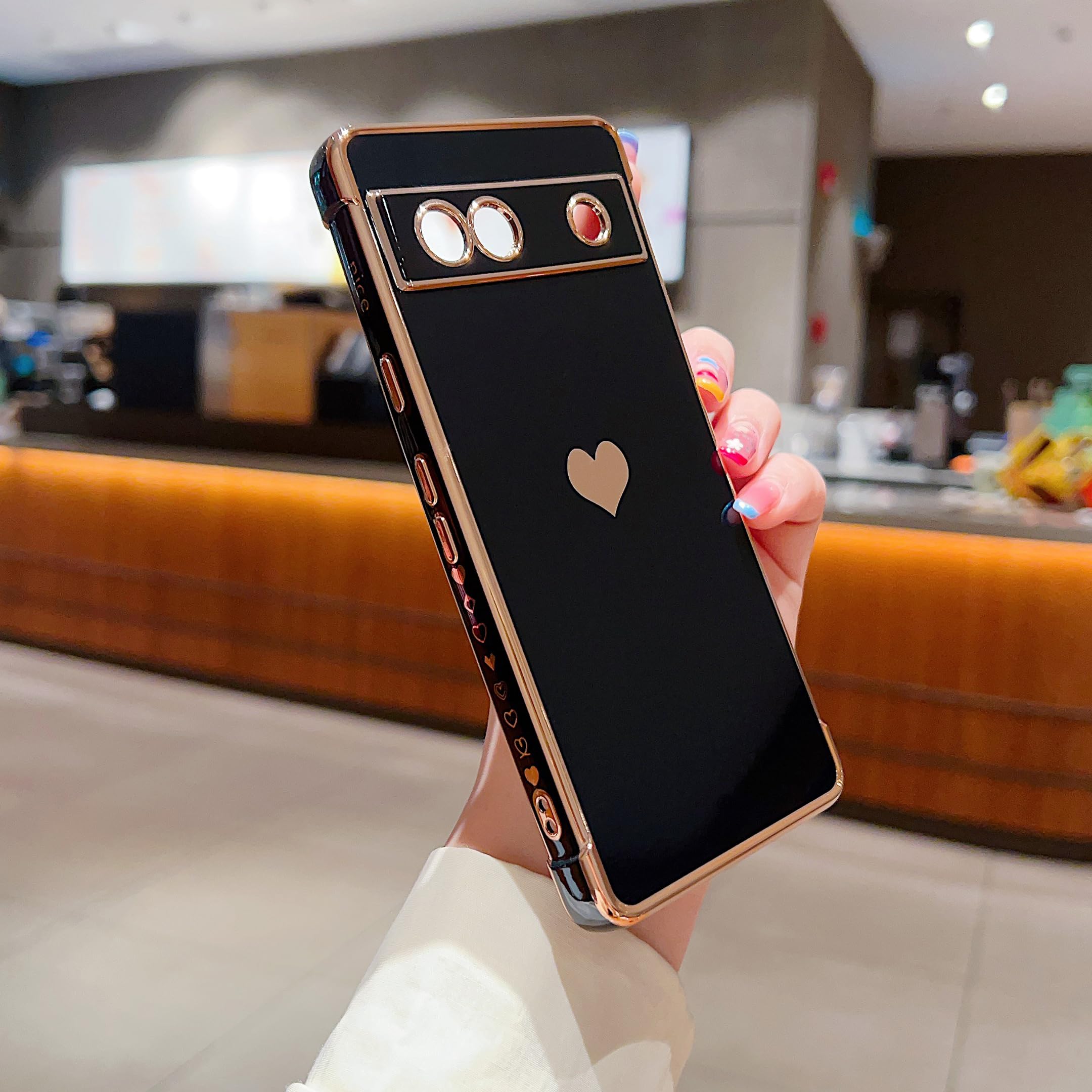 LSOUGUK Compatible with Google Pixel 7a Case,Love Heart Pattern Electroplated Design Soft TPU Shockproof Protective Phone Case Full Camera Lens Protection Cover for Google Pixel 7A-Black