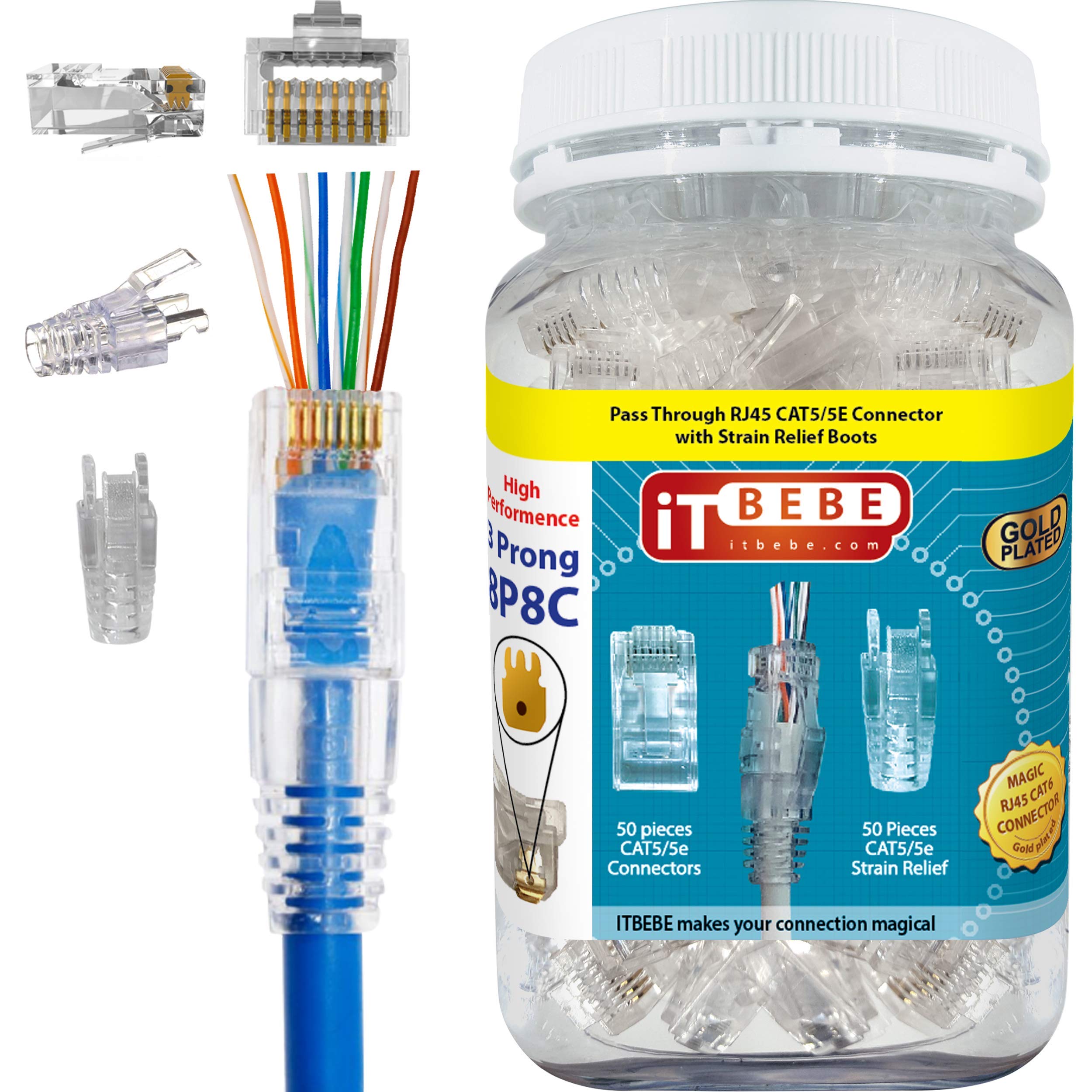 Gold Plated end Pass Through RJ45 Cat5 cat5e Connector and Strain Relief by itbebe (Cat5/5e 50/50 Pieces)