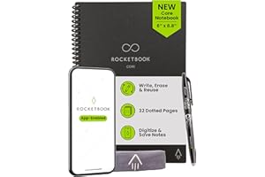 Rocketbook Core Reusable Smart Notebook, Dot Grid Pages For School, Work and Creative Projects, Executive Size 6x8.8, Black - Premium