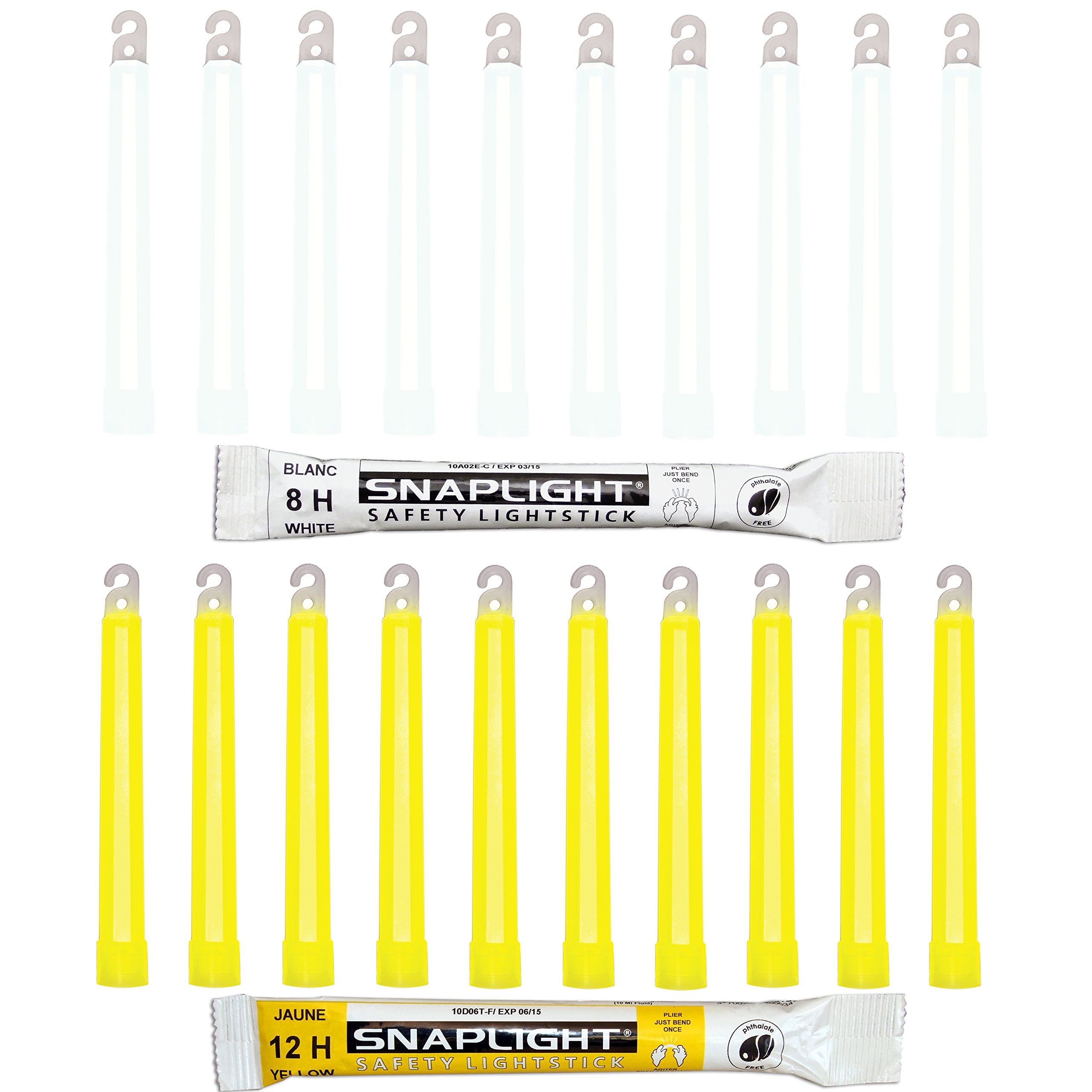 Cyalume SnapLight 6" Industrial Grade Glow Sticks, Multi-Color 20 Pack (10pcs White 8h, 10pcs Yellow 12h) Light Sticks