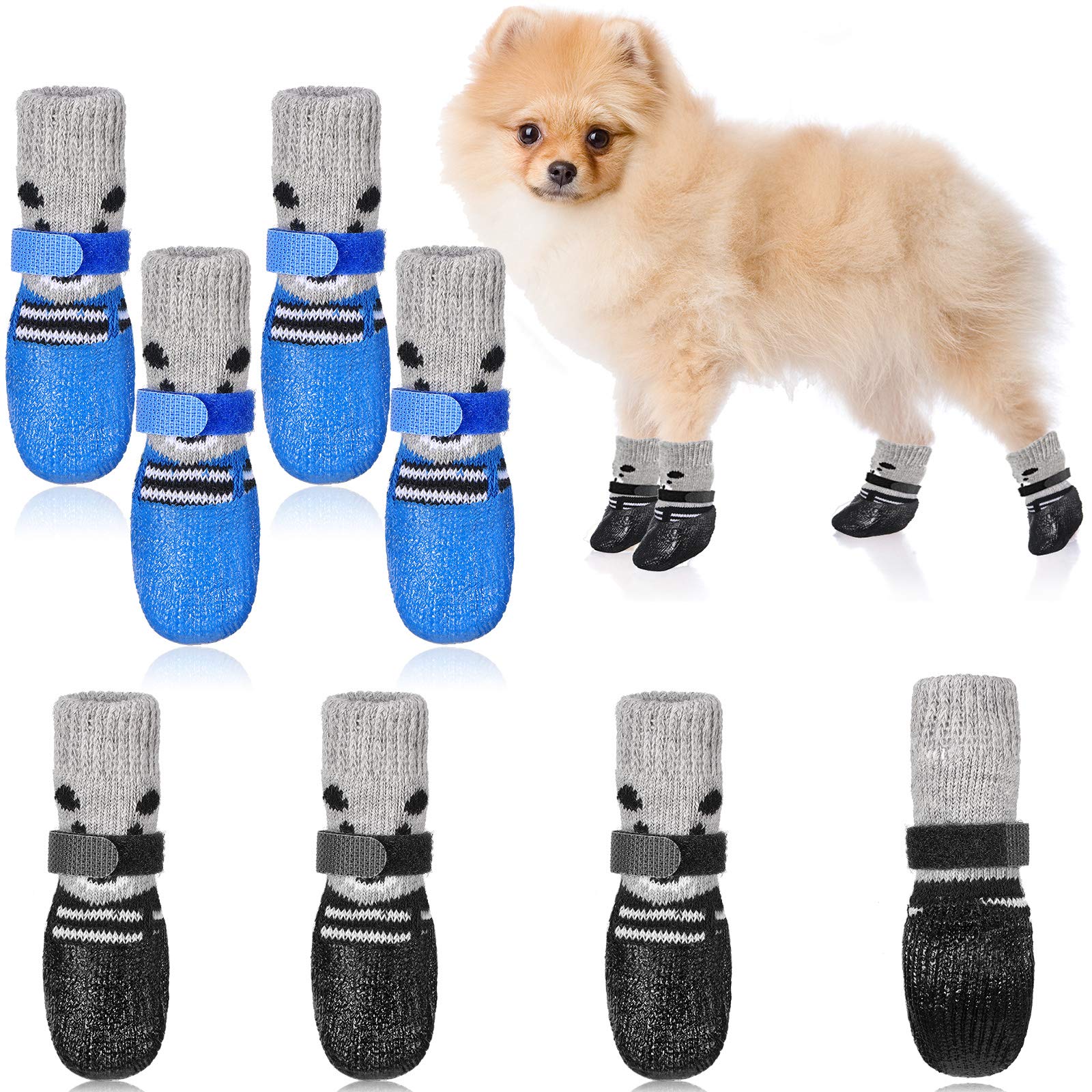 View 1 of 2 Sets Dog Cat Boots Shoes Socks Waterproof Dog Shoes Rain Snow Dog Booties Anti-Slip Dog Sock Shoes with Adjustable Drawstring for Small Puppy, Black, Blue(Size 3: 2.54'' L X 2.15'' W)