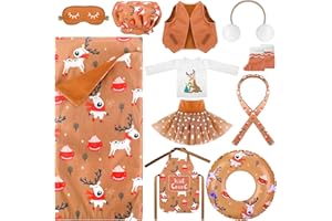 KACCTYEN 11 Pcs Christmas Elf Accessories Include Brown Elf Doll Sleeping Bag Apron Chef Hat Ear Muffs Scarf Top Shorts Vest Ski Ring Eye Mask Skirt Snowmen Elf Clothes (Reindeer Style)