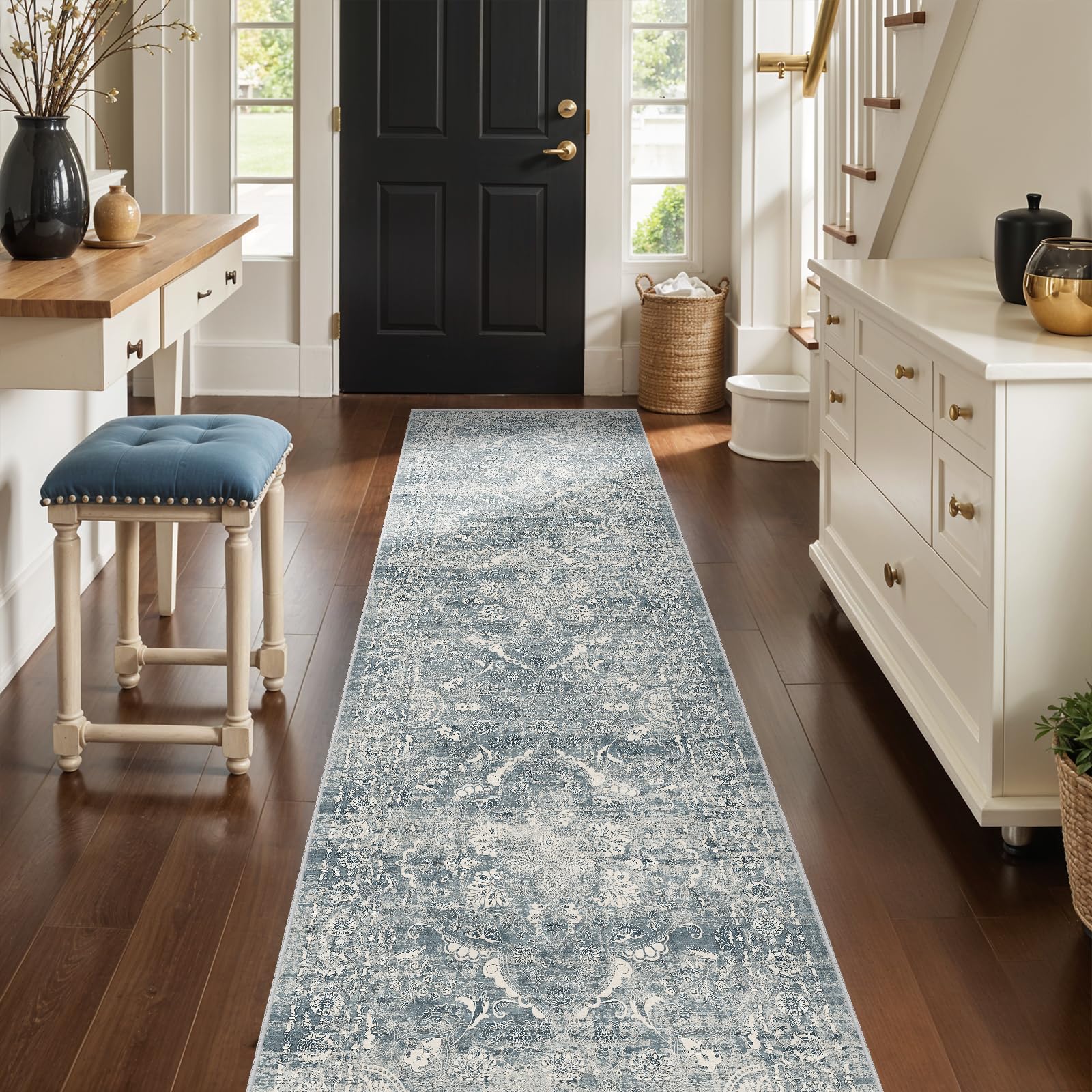 EISUROM Washable 3x12 Runner Rug - Non-Slip Vintage Thin Rug for Entryway Low-Pile Medallion Long Rugs for Hallway Waterproof Traditional Runner Indoor Thin Rug for Kitchen (Blue) Image