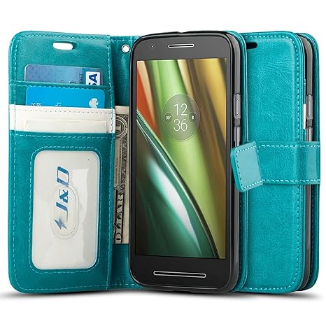 J & D Moto E3 Hülle, [Handytasche mit Standfuß] [Slim Fit] Robust Stoßfest Aufklappbar Tasche Hülle für Motorola Moto E3 - Tü