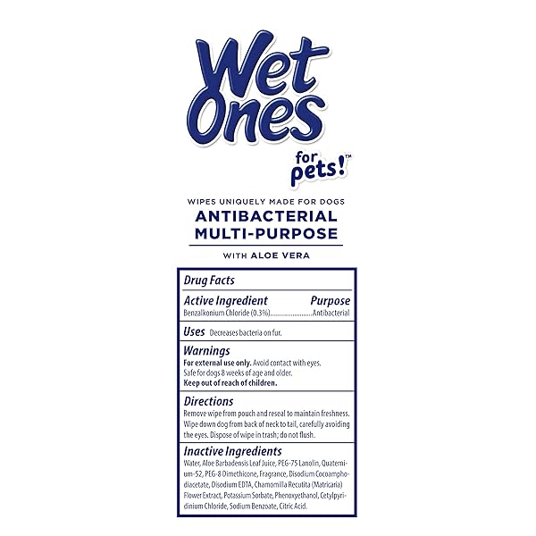 WET ONES FOR PETS ANTIBACTERIAL DOG WIPES, MULTI-PURPOSE GROOMING WIPES WITH ALOE VERA FOR PAWS, FACE & BODY, EASY CLEANUPS BETWEEN BATHS, TROPICAL SPLASH SCENT, 5.7 IN X 7.5 IN, 50 COUNT