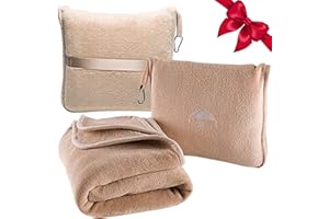 BlueHills Premium Soft Travel Blanket Pillow Airplane Blanket Packed in Soft Bag Pillowcase with Hand Luggage Belt Backpack Clip Compact Pack Large Portable Flight Throw Beige T005