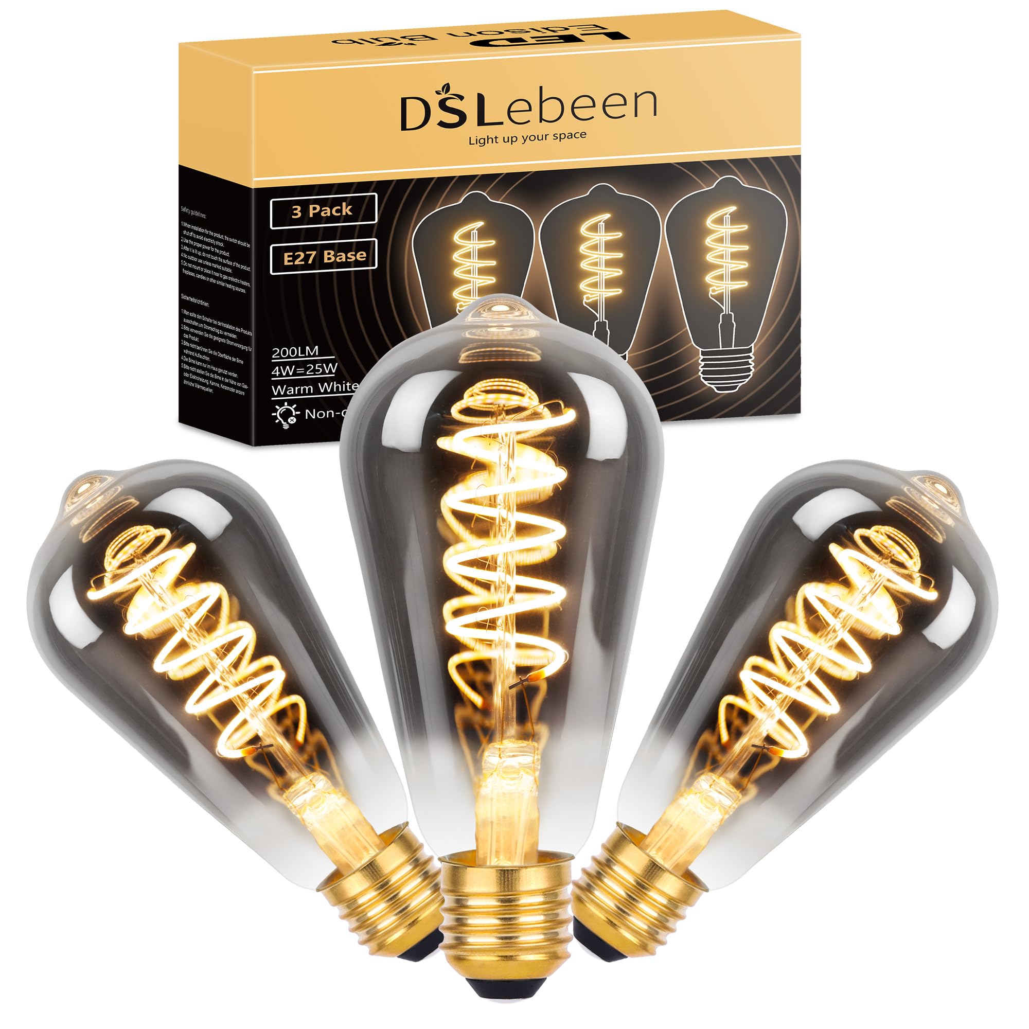 DSLebeen E27 Vintage Light Bulbs: ST64 Edison Screw Bulb 4W 200LM - Decorative Spiral LED Filament, Warm White Lighting 2700K Retro Lamp Non-Dimmable, 25W Equivalent, Smoke Gray Glass, Pack of 3 — image 1