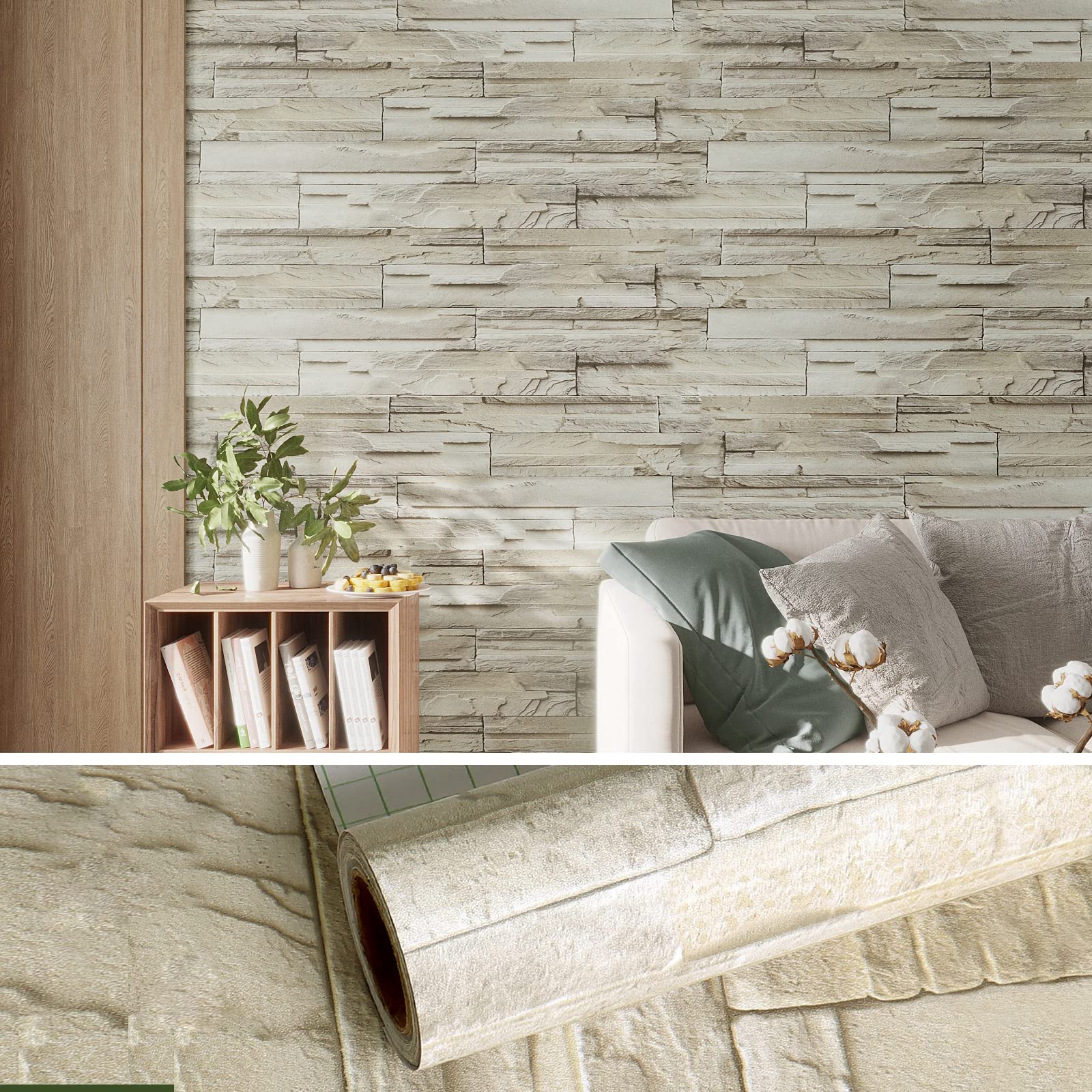 VEELIKE Beige Grey Brick Effect Wallpaper Stone Contact Paper Self Adhesive Sticky Back Plastic Washable Kitchen Wallpaper Vintage Lining Paper for Walls Bathroom Kitchen Backsplash 40cm x 600cm