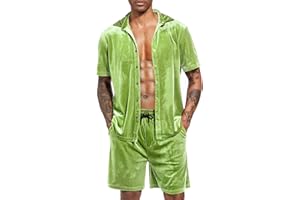 LecGee Men Summer Casual Short Sets Velvet Short Sleeve Button Down Shirt Elastic Waist Shorts 2 Piece Outfits Tracksuit