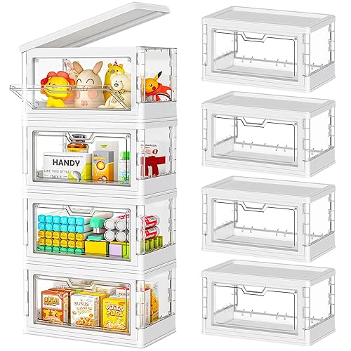 【Latest Model】 4 Pack Mini Stackable Storage Boxes with Lid Multifunctional & Foldable Storage Box for Crafts, Snacks, Stationery and Desk Supplies, Ideal for Desk Organiser Clear Organizer Boxes