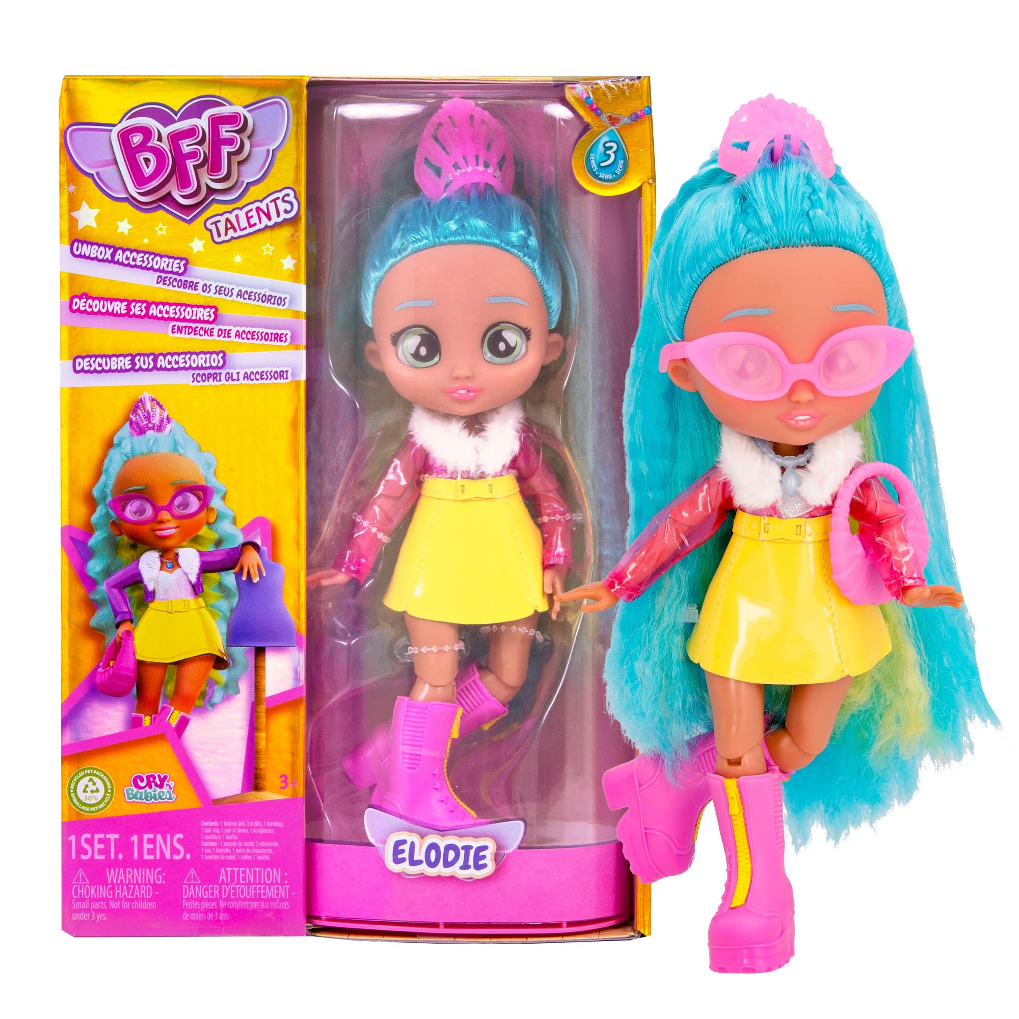 BFF by Cry Babies Elodie - Collectible Fashion Doll with Long Hair, Fabric Clothes and 9 Accessories-Gift Toy for Girls and Boys +3 Years