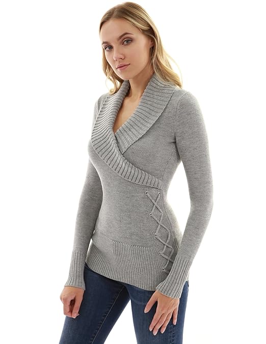 PattyBoutik Damen Schalkragen Faux Wrap schnüren Pullover