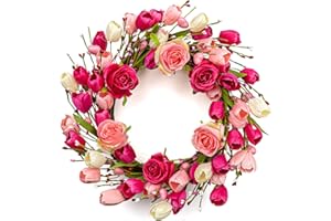 DIYFLORU Artifical Valentine's Day Wreath 20 Inches Valentines Wreaths for Front Door Valentines Door Wreath Valentines Floral Wreaths with Rose Tulips Flowers for Wall Window Porch Home Wedding Party