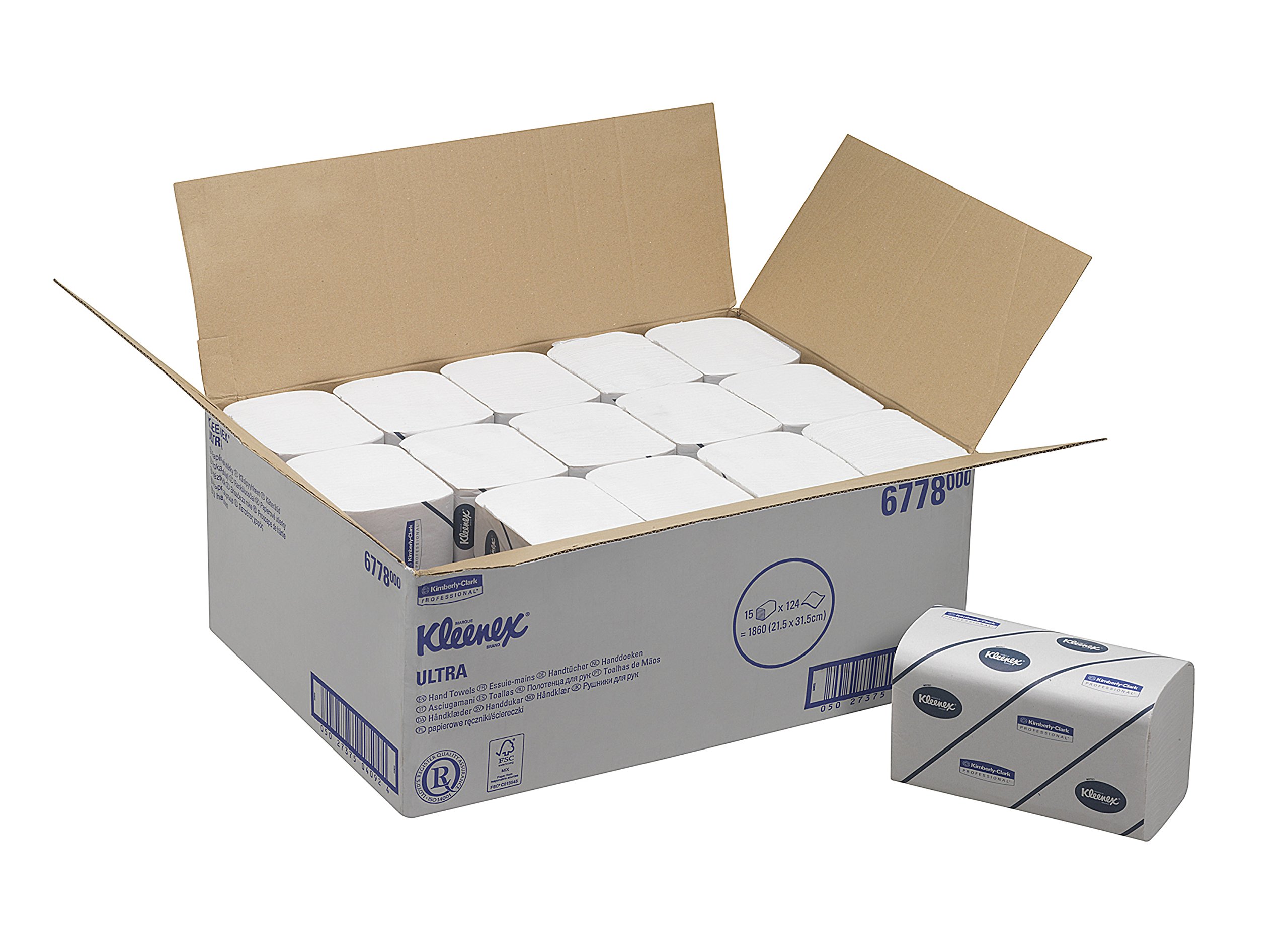 Kleenex 6778 Large Folded Hand Towels, 2 Ply, White, 15 Packs x 124