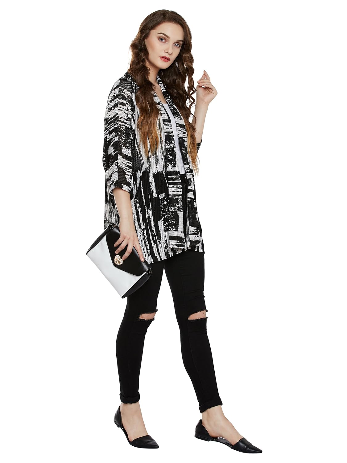 miss chase women's black and white shawl collar shrug