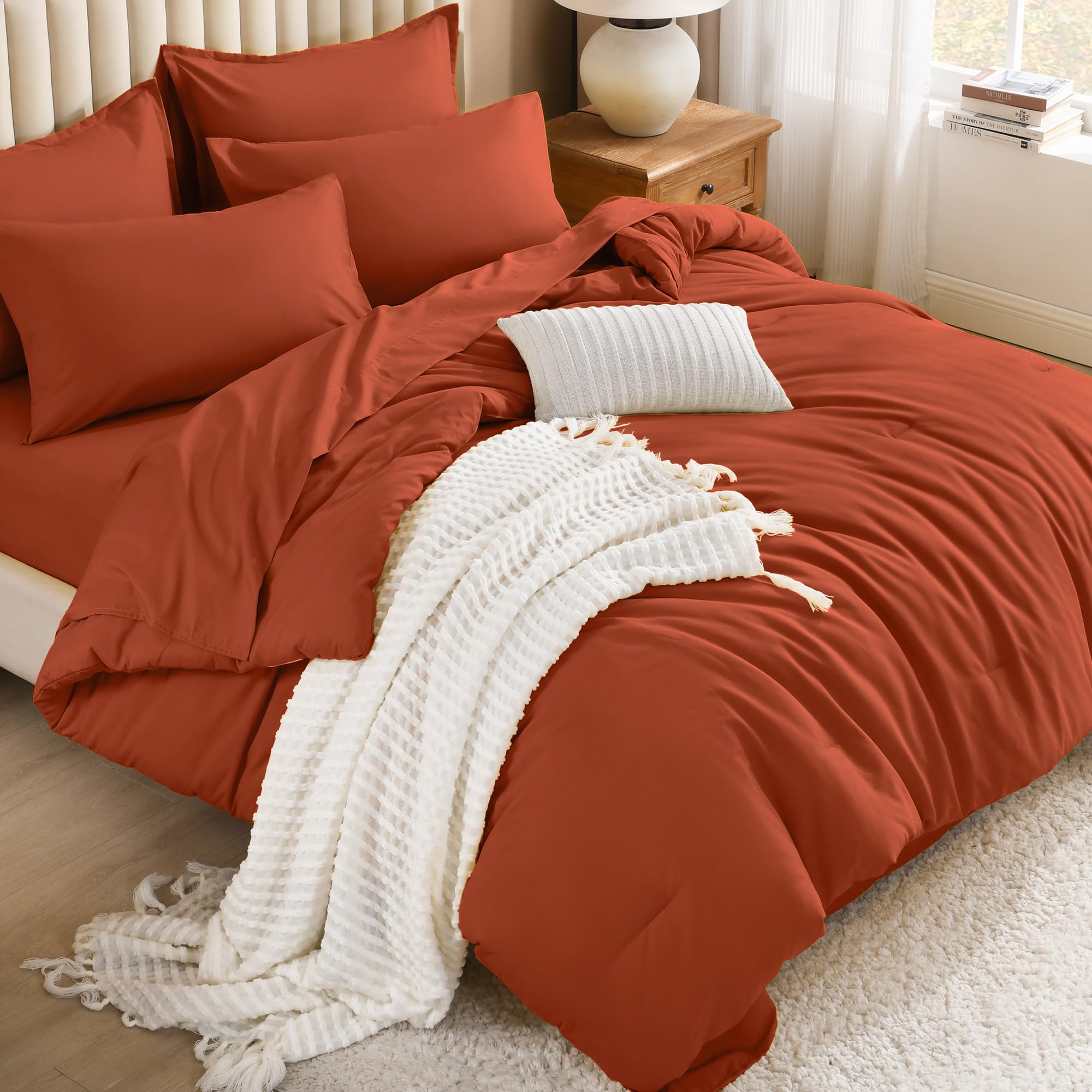 Litanika Burnt Orange Comforter California King Size Set - 7 Pieces Terracotta Bed in a Bag California King Bedding Comforter Sets, Plain Lightweight Bed Set Image