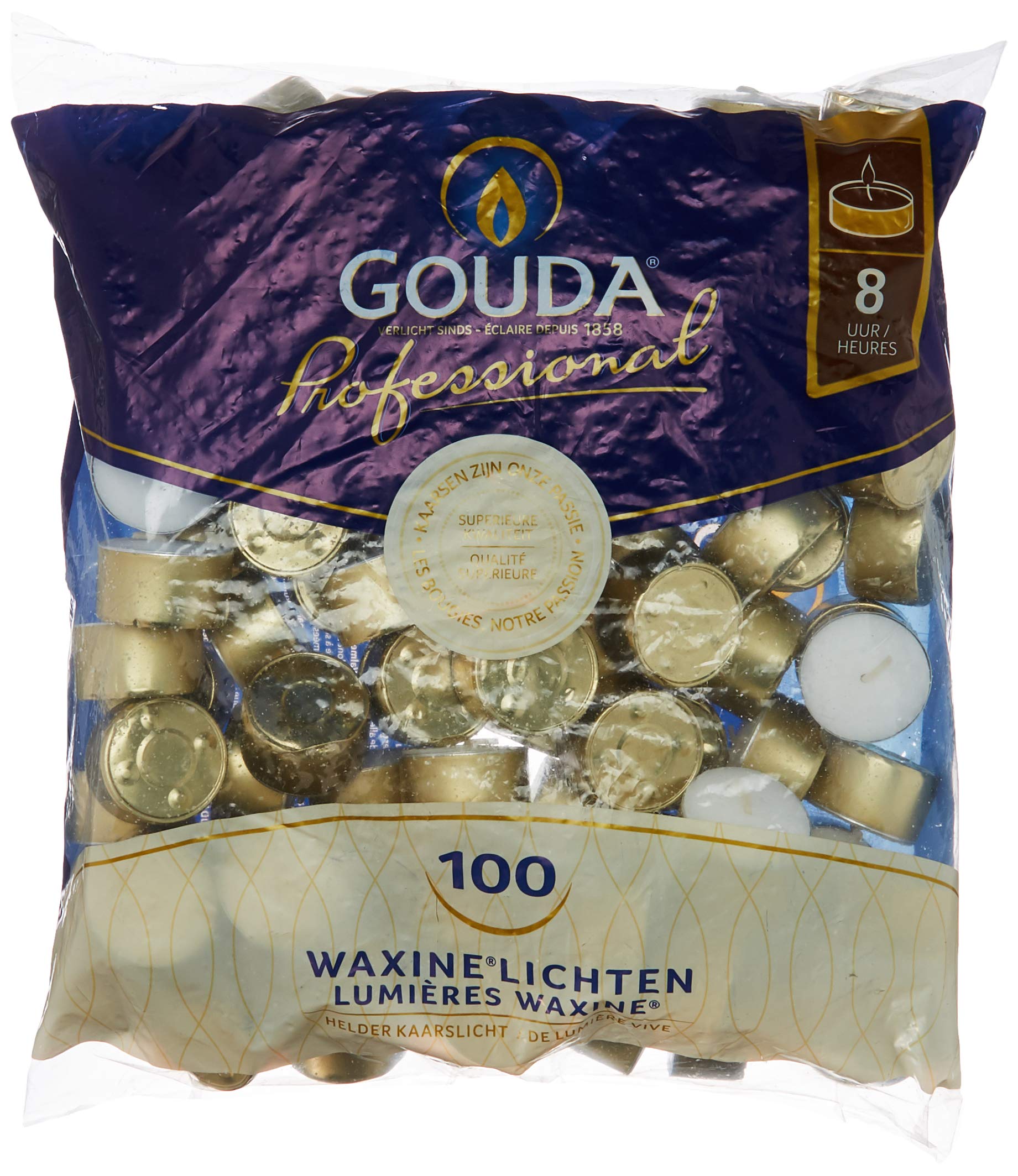 Bolsius 104430519900 Gouda 8 Hour Tea Lights - 100 Pack - 100 Tealights (1 Bag) - White(gold)