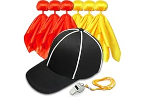 YHFUISK 8 Pcs Challenge Flag Referee Hat Set,Tossing Flags Sports Fan Set Penalty Flag Party Accessory (3 Yellow and 3 Red),Official Football Hat and Stainless Steel Whistle,Referee Costume cap set