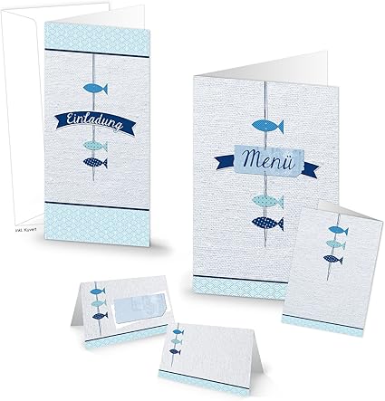 Set Da 64 Pezzi Biglietti Di Invito Pezzi Segnaposto 32 Pezzi E Menu 12 Pezzi Per 30 Ospiti 3 Pesci Blu Per Battesimo Comunione Cresima Matrimonio Ecc Qualita 1 A Amazon It Cancelleria E Prodotti Per Ufficio